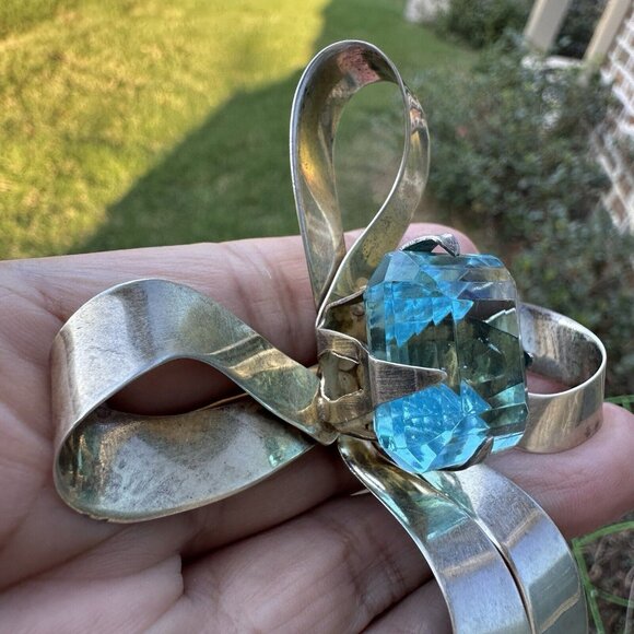 VTG Sterling Silver Ribbon Blue Aqua Glass Stone Brooch MCM 4" Retro 29.4g - Picture 6 of 7